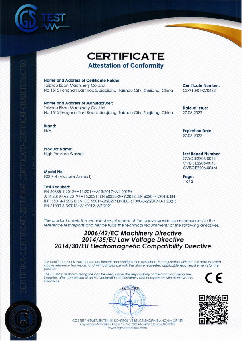 Electric pressure washers — CE-910-01-270622