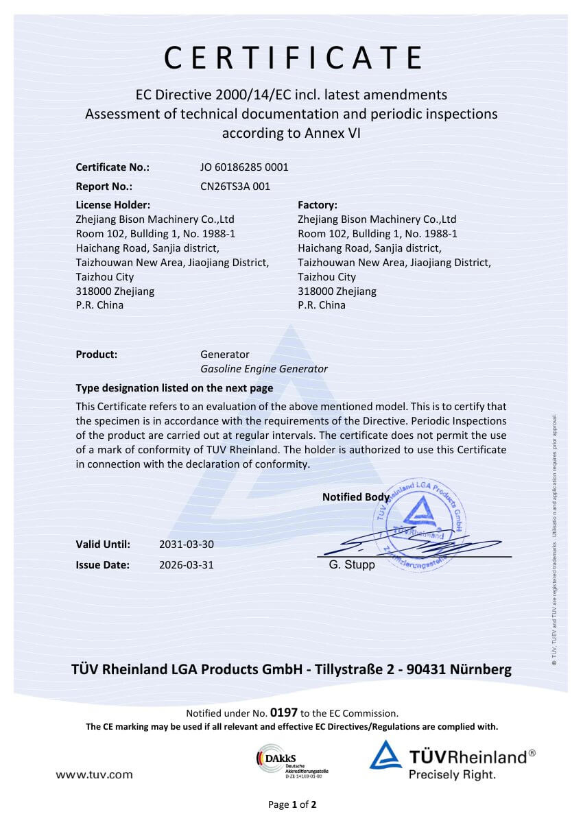 Generator noise certificates — JO 60186285 0001 · JO 60186284 0001 · JO 60186283 0001